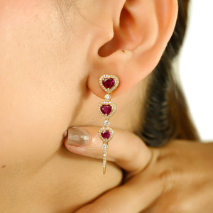 New Arrivals Top Grade Quality Ruby & Diamond Real K18 Yellow <b>Gold</b> Trio Heart Long <b>Dangle</b> <b>Earrings</b> Valentine's Day Gift Jewelry - Product Image 4