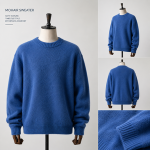 Pull rayé anti-rides en mélange de mohair bleu pour homme avec décoration vintage, épaisseur standard, vêtement d'hiver - Product Image 5