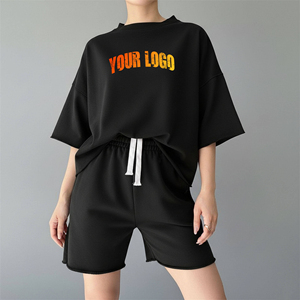 Ensemble court 2 pièces en molleton 100 % coton avec dentelle pour femme, style streetwear, personnalisable avec logo, coupe oversize, OEM/ODM, 100 % coton, idéal pour l'été - Product Image 1