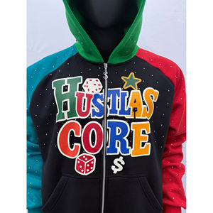 Sudadera con capucha de algodón polar con cremallera completa y pedrería, estilo casual urbano, manga raglán, al por mayor - Product Image 3