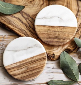 Authentic Handcrafted Premium Wooden And <b>Marble</b> Coaster <b>Set</b> For Home Kitchen <b>Coffee</b> And Tea <b>Table</b> Protection And Decoration - Product Image 2