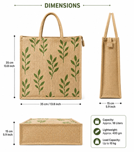 Sac fourre-tout surdimensionné en jute naturel avec imprimé feuilles, écologique, réutilisable pour les courses et polyvalent, fermeture ouverte - Product Image 4