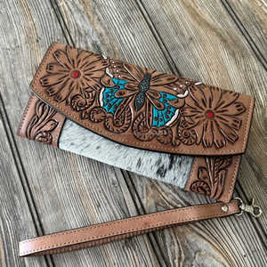 Monedero de mano de cuero de vaca genuino de estilo occidental con patrón de mariposa y flores mecanizadas a mano - Product Image 1