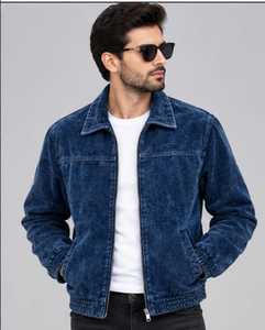 <b>Men's</b> Blue Colour <b>Corduroy</b> Shirt <b>Jacket</b> Turn-down Collar Zipper Closure - Product Image 1
