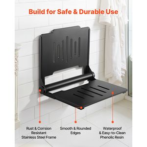 Siège de douche mural pliable de 17,8 pouces avec dossier, en plastique, pour salle de bain et couloir - Product Image 3