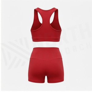 North Approach 2 Piece Yoga Set Racerback <b>Crop</b> <b>Top</b> High Waist Shorts Solid <b>Red</b> Sweat Wicking Breathable Sportswear - Product Image 2