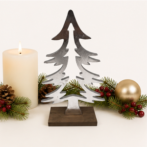 Handcrafted Premium Aluminum Christmas <b>Tree</b> Sculpture Minimalist Silver Metal Holiday Figurine on Sustainable Mango Wood Stand - Product Image 2