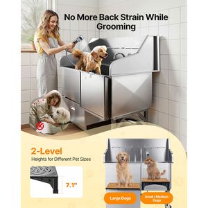 Stazione di lavaggio per cani in acciaio inossidabile 304, vasca da toelettatura antiscivolo da 50 pollici con rampa a bassa pendenza, cassetto portaoggetti esterno, rubinetto acqua calda e fredda - Product Image 3