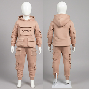 Ensemble sweat à capuche cargo multi-poches pour enfants, survêtement polaire chaud d'hiver pour tout-petits, tenue de jogging streetwear pour enfants - Product Image 1