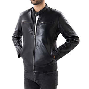Men's Black Genuine <b>Leather</b> Moto <b>Jacket</b> Stand Collar Zipper Closure Slim Fit Regular Sleeve Solid Color Autumn Style - Product Image 3