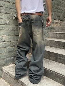 Vaqueros de mezclilla para hombre, lavados a la piedra, de pierna ancha, corte holgado, talla grande, cintura media, estilo casual urbano, 100% algodón, con bolsillo de parche - Product Image 6