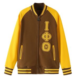Veste polaire raglan Iota Phi Theta marron doré, style universitaire grec, veste zippée premium pour fraternité - Product Image 1