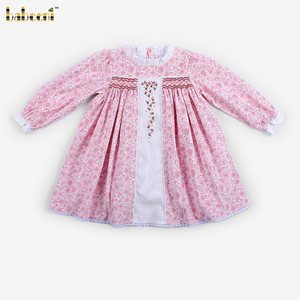 DR4604-<b>Girls</b> <b>Pink</b> Floral Hand-Embroidered Smocked Bishop <b>Dress</b>-ODM Children's Spring Summer 100% Cotton Knee-Length OEKO-TEX - Product Image 3