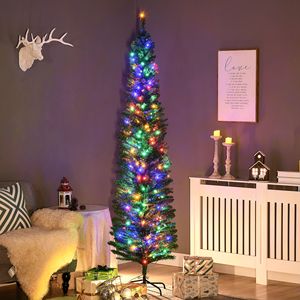 Albero di Natale Artificiale Sottile da 2,1 m con Luci LED Colorate e Base in Acciaio per Decorazioni Interne - Product Image 2