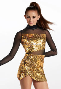 Uniforme de majorette personnalisé pour femmes, ensemble jupe et haut court en maille à paillettes dorées, manches longues, costume de danse OEM - Product Image 2