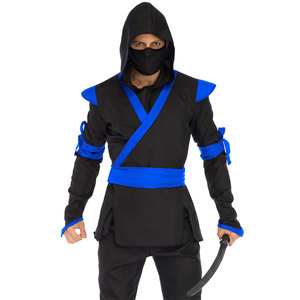 Costume de ninja noir pour homme, entièrement à capuche, avec accents bleus, vêtements d'arts martiaux Kung Fu, une pièce, taille adulte - Product Image 2