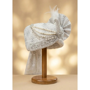 รถขบวนงานแต่งงานสีขาวสำหรับเจ้าบ่าว |   ผ้าโพกหัวประดับมุกและหินทำมือ |   เครื่องประดับศีรษะงานแต่งงานแบบดั้งเดิมของอินเดีย - Product Image 5