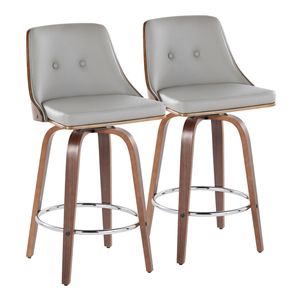 Tabouret de comptoir Gianna de 26 po, style Mid-Century Modern, en bois de noyer, simili cuir gris clair, hauteur fixe avec pivotant et accents chromés - Product Image 1