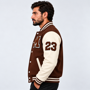 IRON MARK INDUSTRIES Men's Eco-Friendly <b>Brown</b> Color Block Varsity Jacket Crew Neck <b>Wool</b>/Viscose Shell Embroidered Letter M - Product Image 2