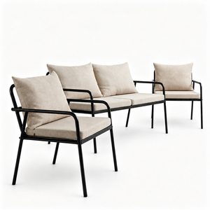 Modern <b>Outdoor</b> Patio Furniture Set Black Metal Frame Garden <b>Sofa</b> with Beige Cushions - Product Image 3