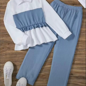 Girls Two Piece Rib Knit Shirt & Wide Leg Pants <b>Set</b> Two Piece <b>Modest</b> <b>Set</b> - Product Image 1