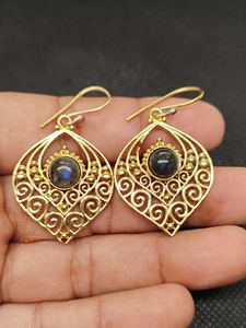 labradorite Export Brass Gemstone Drop <b>Earrings</b> Bulk Handcrafted Gold Plated Finish Pattern Bezel - Product Image 1