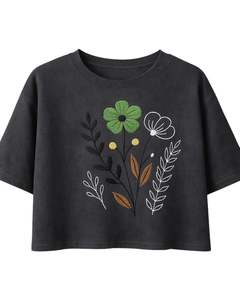 Camiseta Corta Bordada para Mujer, Negra, de Algodón, Casual, Holgada, de Manga Corta, Verano, con Estampado Floral, Moda Urbana, Venta al Por Mayor - Product Image 1