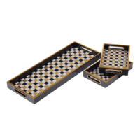 Jeu de 3 plateaux de service longs en verre avec cadre doré PS de luxe moderne avec impression d'échecs et de grilles de cartes