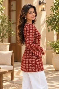 Red Elephant Print <b>Bell</b> Sleeve Tunic Square Neck Cotton Blend Casual <b>Dress</b> Women Empire Waist Flared Hem All Seasons Wear - Product Image 4