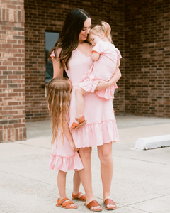 Soft & Comfortable Matching Mother & Daughter Pink Mini Dress Decor With Frill Sleeves & bottom Line Crafted from Soft Rayon - Product Image 4