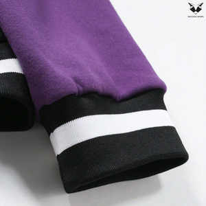 Custom Two Tone Varsity Jacket Black Purple Sleeves Contrast Ribbed Cuff Men Baseball Jacket Blank Fleece Bomber Jackets - Product Image 6