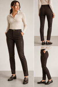 Pantalones de equitación marrones de cintura alta para mujer, ajustados, elásticos, lavados, con bolsillos con cremallera, de corte entallado, para equitación al aire libre y trabajo. - Product Image 5