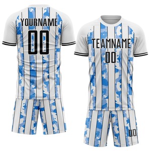 Maillot de football personnalisé sublimé, blanc et bleu rayé, col rond, manches courtes, évacuation de l'humidité, vêtements unisexes pour adultes - Product Image 1