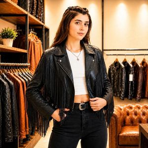 Custom Genuine Leather <b>Fringe</b> Jacket Women Vintage Western Biker Motorcycle Coat Black Tassel Leather Jacket Manufacturer - Product Image 1