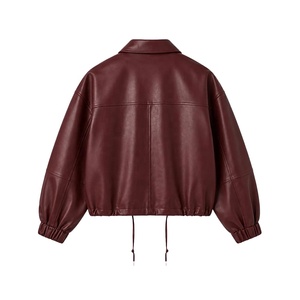 Chaqueta de cuero color burdeos para mujer, con cuello con muescas, cierre de cremallera, mangas abullonadas, dobladillo con cordón ajustable, estilo biker corto. - Product Image 6