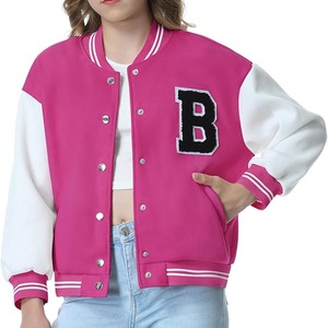 Pink Varsity Jacket With <b>White</b> Sleeves And Letter B Embroidery Full Sleeve <b>Button</b> Up Turn Down Collar Autumn Wear - Product Image 1