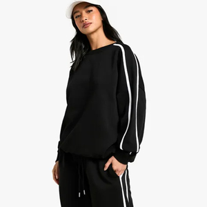 Sudadera Negra Extra Grande para Mujer, Cuello Redondo, Manga Larga, Tejido Sólido, Ropa de Otoño Transpirable con Bolsillos - Product Image 1