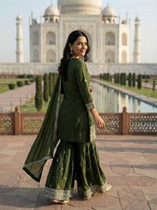 Conjunto Premium de Sharara Salwar Kameez Listo para Usar – Conjunto de Kurta y Palazzo de Seda GMY Bordado con Dupatta con Borde de Encaje - Product Image 3