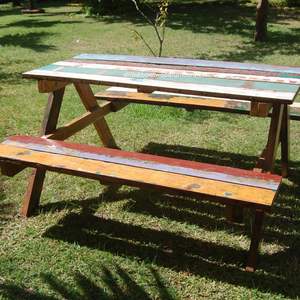 Table de pique-nique avec chaises, en bois de bateau recyclé, couleur naturelle, pour extérieur, jardin, parc, maison, mobilier démontable - Product Image 2