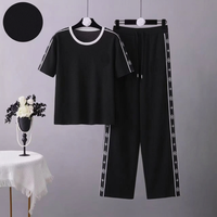 Ensemble deux pièces long pour femme, col à nœud uni, manches courtes, en viscose/polyester tricoté, haut et pantalon large au genou, coupe régulière, pour usage quotidien
