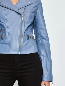 Veste en cuir d'agneau véritable pour femme, coupe slim, style motard, en coton tricoté imprimé sur mesure, vêtement d'extérieur streetwear tendance - Product Image 5
