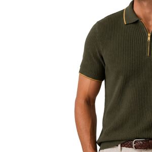 Olive Green Men Knitted <b>Polo</b> Shirt Gold Zipper Short Sleeve Luxury Casual Summer Top Textured Fabric Custom Designer Golf Shirt - Product Image 3