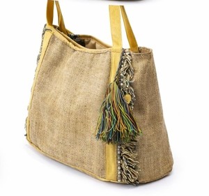 <b>Mustard</b> Embroidered Leaf Tote Bag – Jute Style Boho <b>Handbag</b> with Fringe Detail <b>mustard</b> embroidered tote bag - Product Image 6