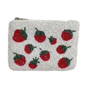 Pochette à monnaie brodée de perles multicolores, couleur blanc et rouge, fabriquée à la main en Inde - Product Image 1