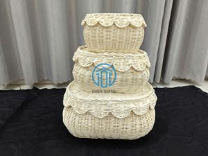 Handmade Scalloped Rattan Kid <b>Basket</b> <b>with</b> Bow <b>Lid</b> - Aesthetic Woven Toy Storage & Baby Keepsake Box - Product Image 5