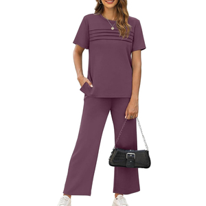 Women Plain Two Piece Set Casual Loose Fit T Shirt <b>Elastic</b> Waist Pants Matching Lounge Wear - Product Image 2