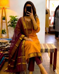 Slub Cotton Indian Pakistani Set <b>Kurta</b> Pant Dupatta Quick Dry <b>Women</b> Ethnic Loose Fit Casual Festive Outfit In-Stock - Product Image 3