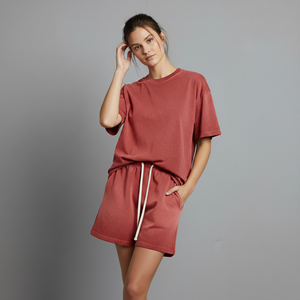 Ensemble short 2 pièces décontracté pour femme, sur mesure, de qualité supérieure, 100 % coton, coupe oversize, délavé, avec broderie unie et dentelle - Product Image 6