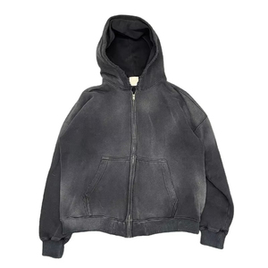 New Arrival Oversized Men's <b>Hooded</b> <b>Zip</b>-Up Sweatshirt Solid Color French Terry Cotton Casual Autumn Wear Sun Faded Hoodies - Product Image 3