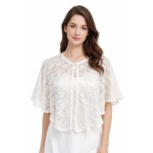 Women White Lace <b>Poncho</b> with Pearl Work Front Open Net Cape Party & Shrug - Product Image 1
